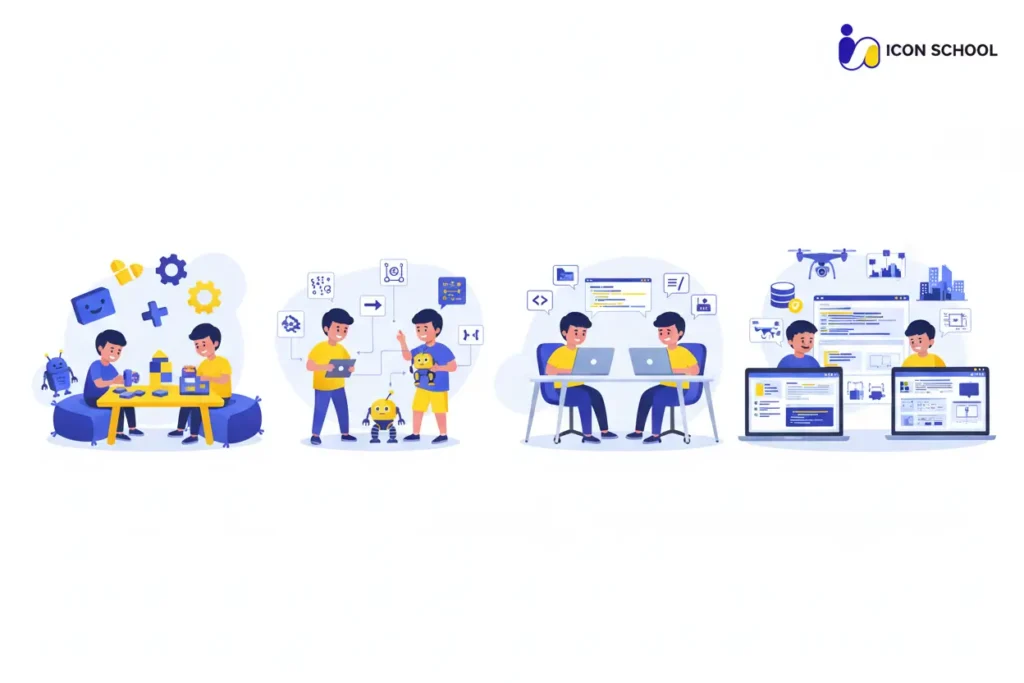 أطفال من فئات عمرية مختلفة يتعلمون البرمجة بطرق مناسبة لأعمارهم من اللعب للبرمجة الاحترافية