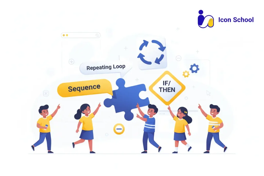 يدا طفل يرتبان مكعبات الأوامر البرمجية الملونة على شاشة تفاعلية توضح مفاهيم التسلسل والحلقات التكرارية