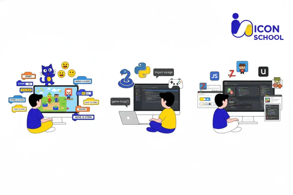 Colorful educational models illustrating basic programming concepts such as sequences, loops, and conditions