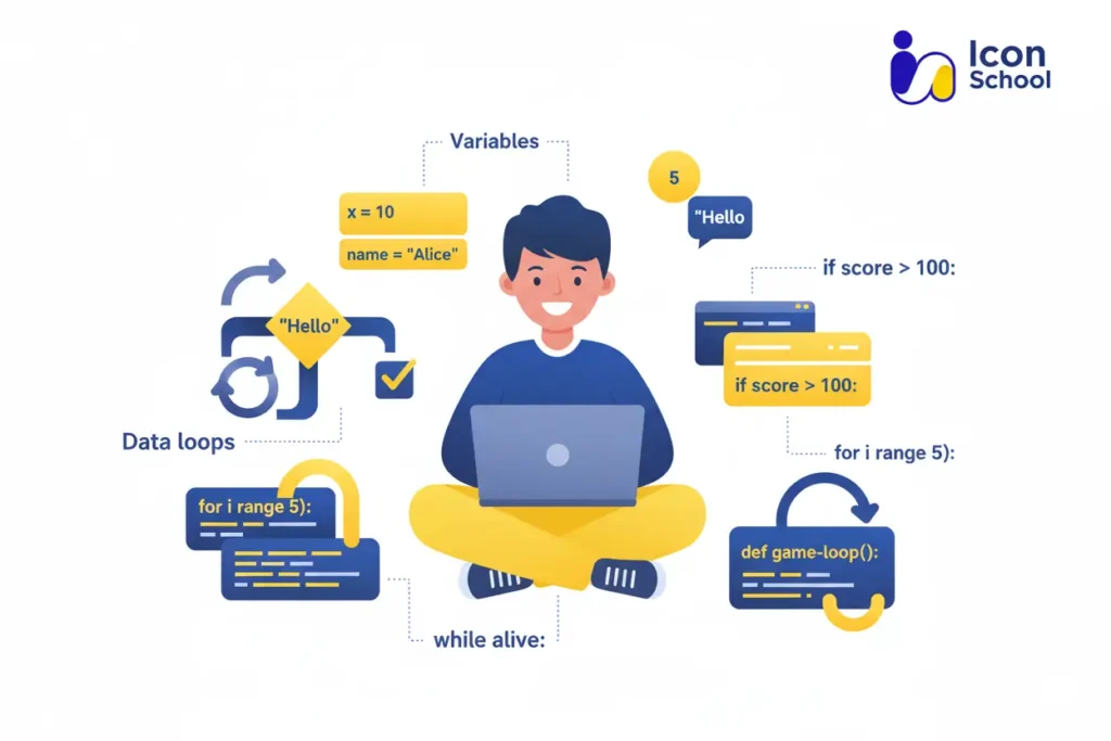 A computer screen displaying basic Python code with concepts of variables, loops, and functions.