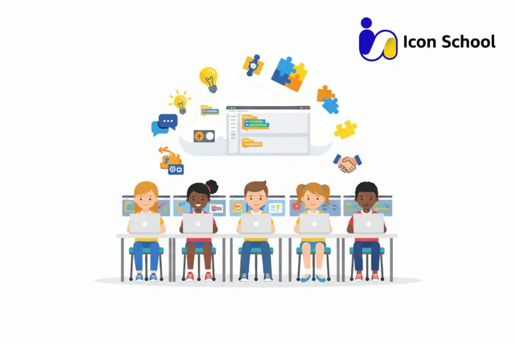 A group of Arab children collaborate in an educational lab, where each works on a different programming project using Scratch, enhancing their logical thinking, teamwork, and innovation skills.