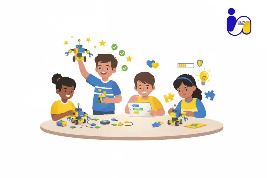 طفل يحتفل بنجاح مشروع الروبوت مما يعزز ثقته بنفسه ومهاراته