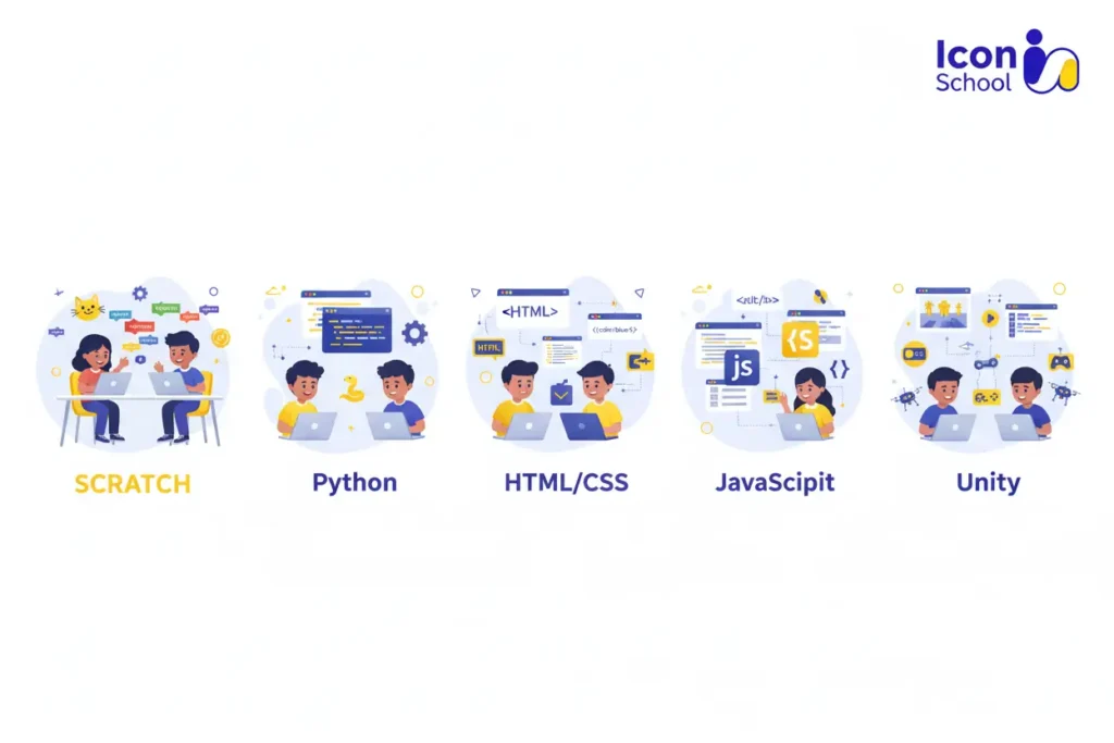 A computer screen displaying multiple programming languages ​​for children, including Scratch, Python, and HTML.