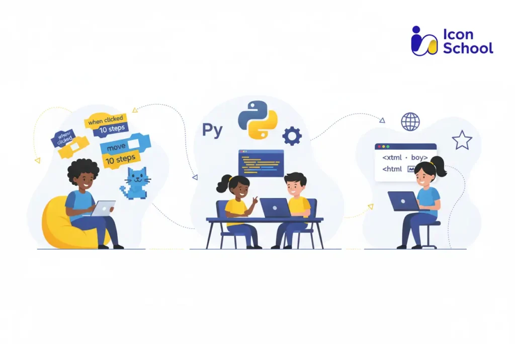Computer screens displaying the Scratch platform, Python programming language, and web development languages ​​for children.