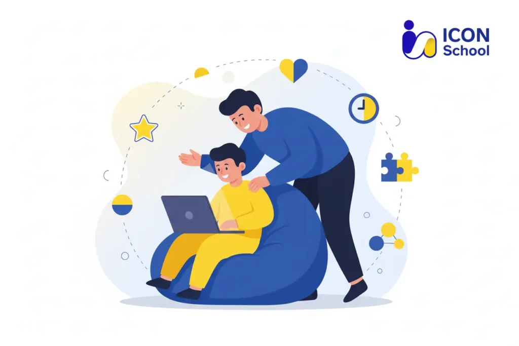 A father celebrates with his child the completion of a successful software project in a supportive and encouraging family atmosphere.