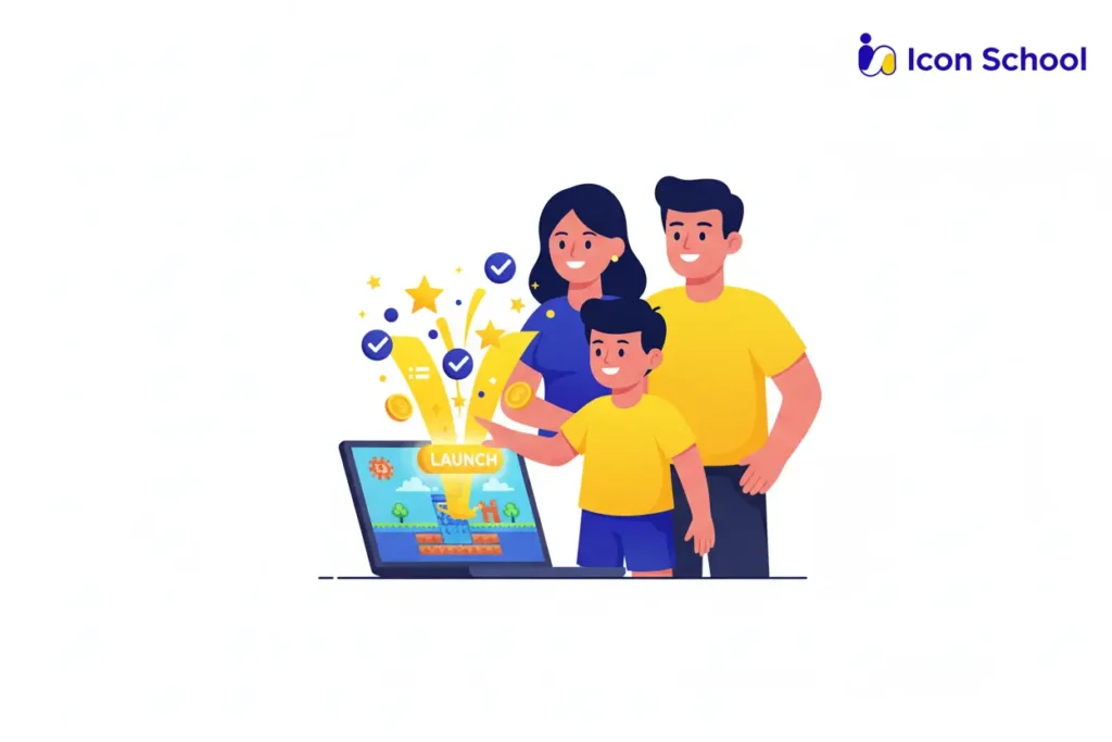 A child celebrates the successful completion of his first software game.