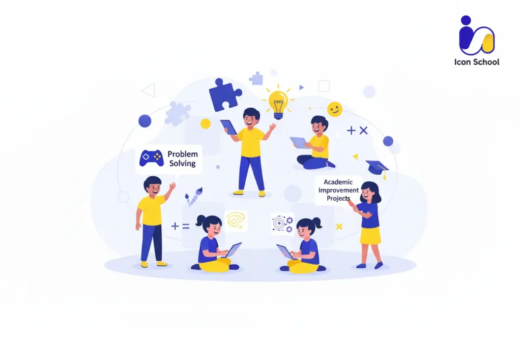 A young student raises his hands in celebration of completing a computer programming project in a bright learning environment.