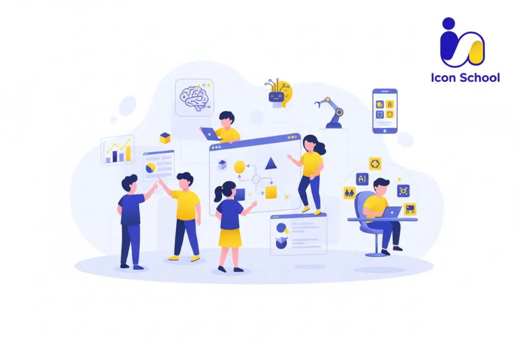 مجموعة متنوعة من الأطفال يتعلمون البرمجة على أجهزة الكمبيوتر في فصل دراسي عصري مضيء