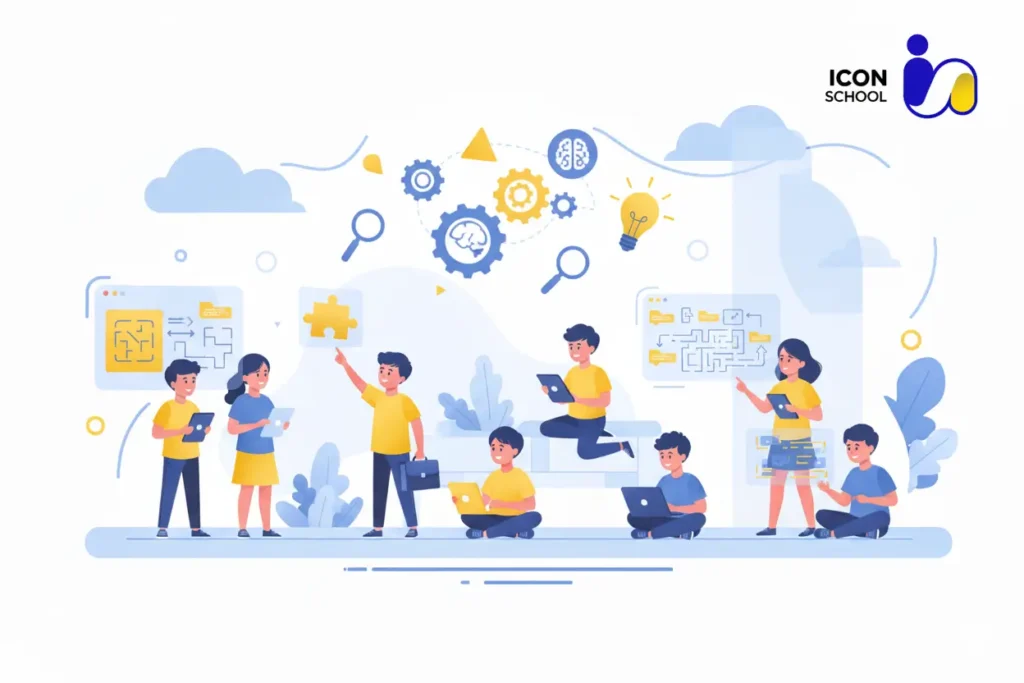 مجموعة من الأطفال يتعاونون في تعلم البرمجة باستخدام الألعاب التعليمية على جهاز لوحي في بيئة صفية حديثة