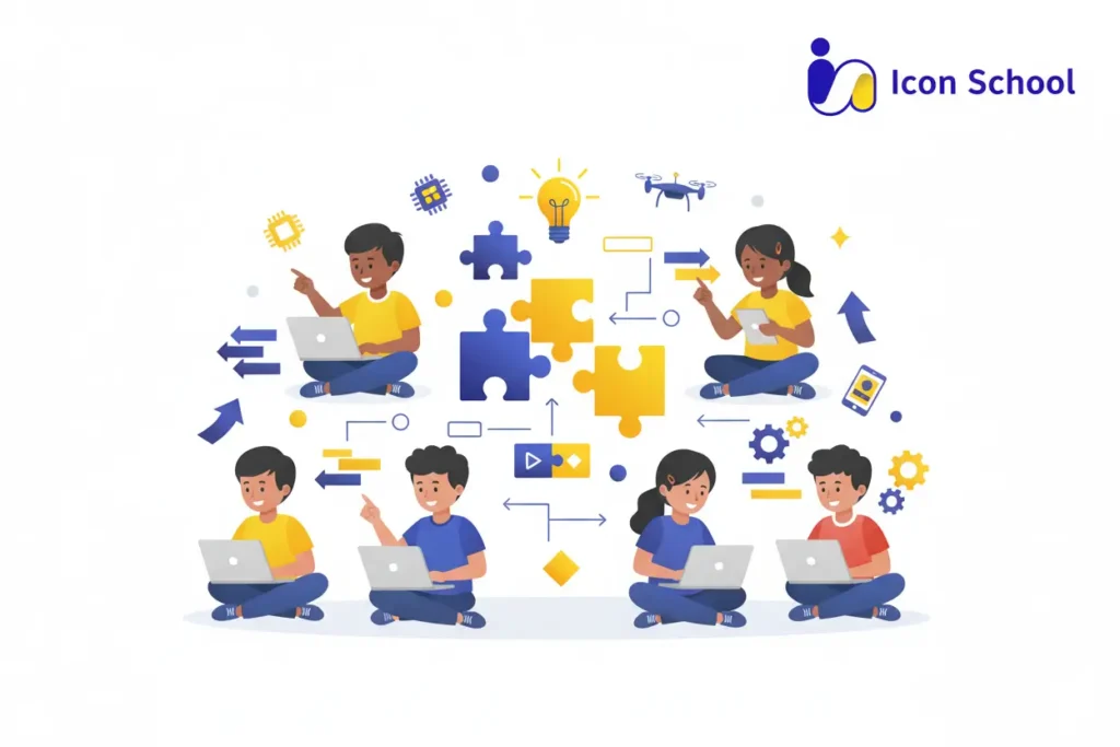 Children learn programming in an interactive learning environment with computers and tablets.