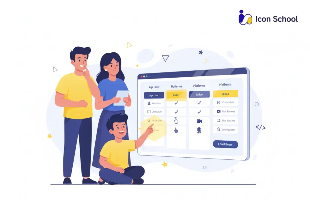 A person reviews various programming learning platforms on a tablet with a list of selection criteria.