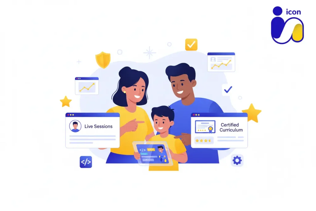 ولي أمر يساعد طفله في اختيار برنامج تعليم البرمجة المناسب عبر الإنترنت