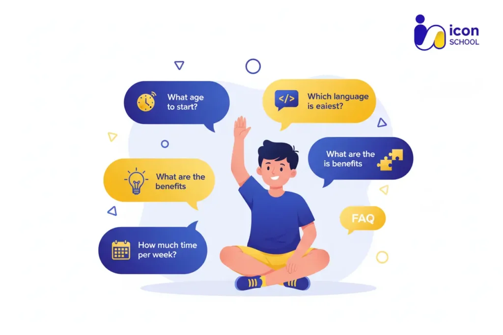 A conceptual design of question marks with programming elements on a clean background representing frequently asked questions.