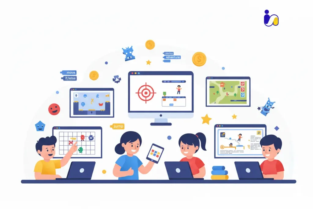 A computer screen displays three colorful games programmed by children.