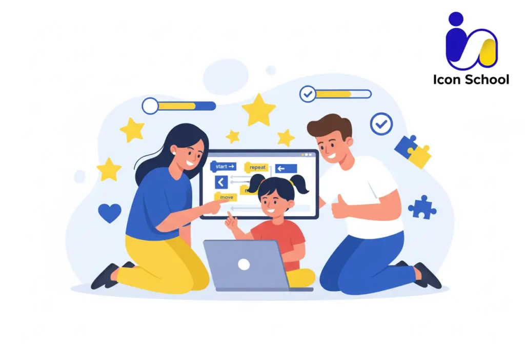 A father encourages his child while he works on a software project, while the sister watches eagerly in a warm family atmosphere.