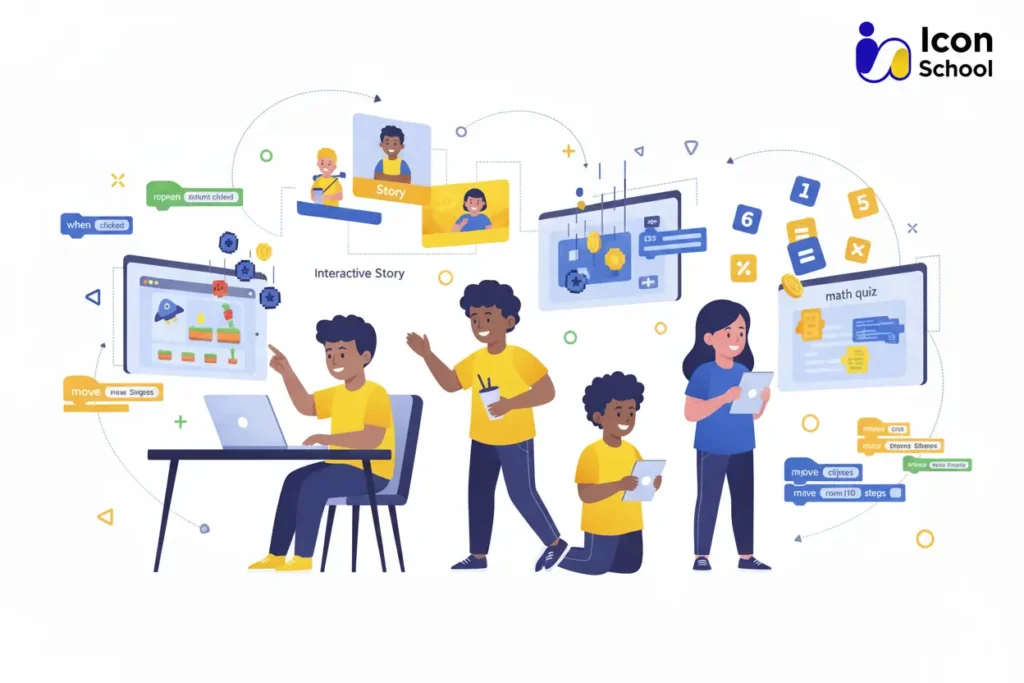 Various projects for teaching programming to children using Scratch, including an item-collecting game, an interactive story, and a math quiz.