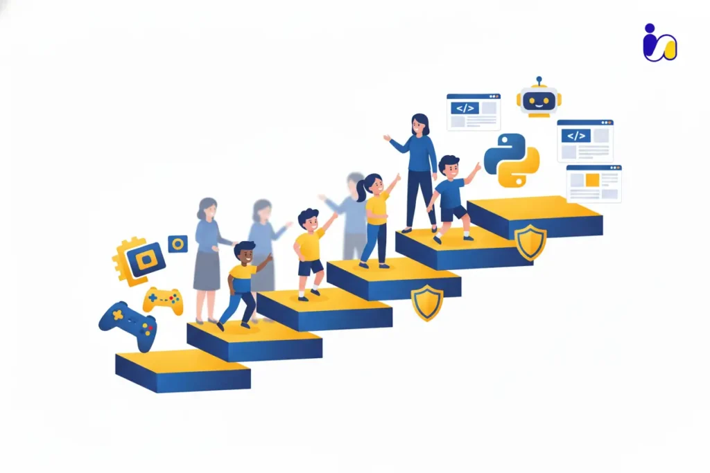 Concepts learned from games are transformed into real programming skills through structured curricula and specialized teachers.