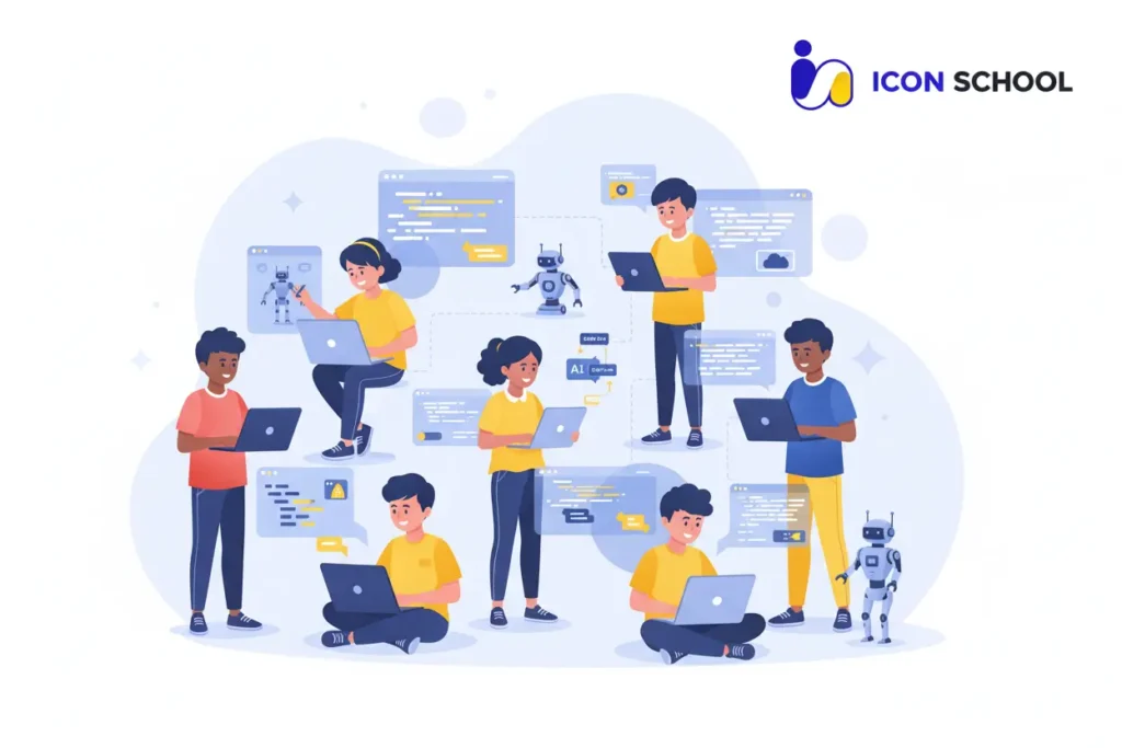 A group of children are learning programming together in a modern classroom with enthusiasm and interest.