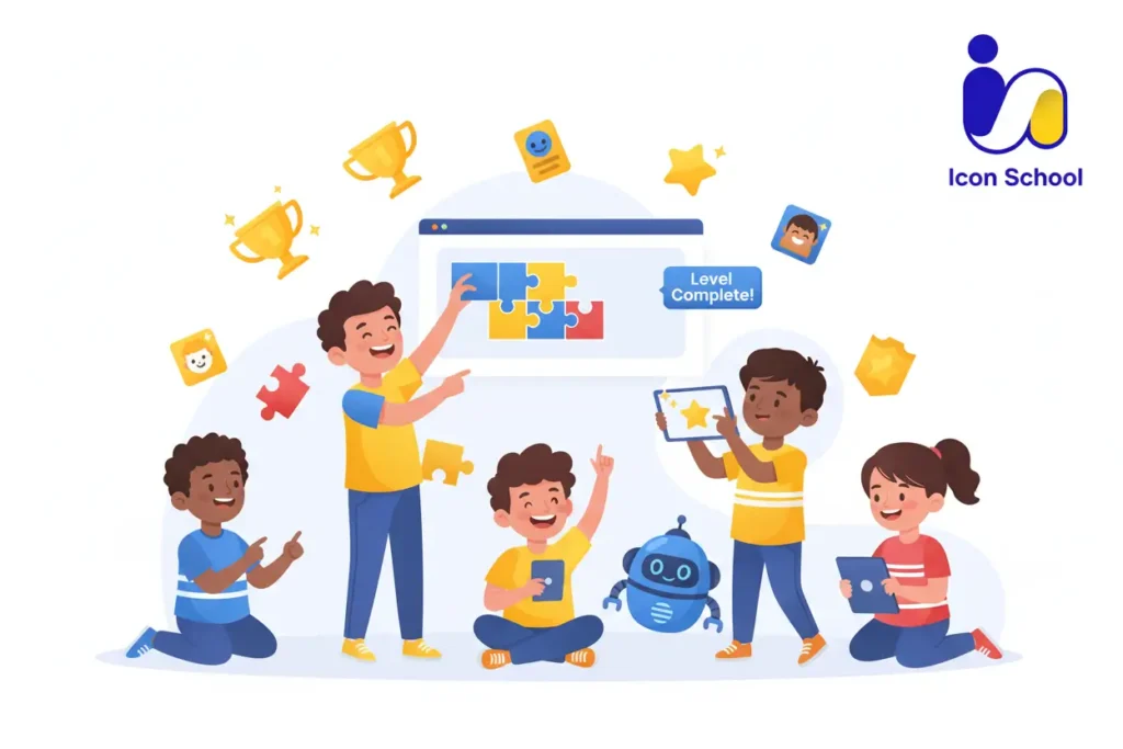 A happy child enthusiastically and joyfully celebrates his programming achievement in front of the computer.