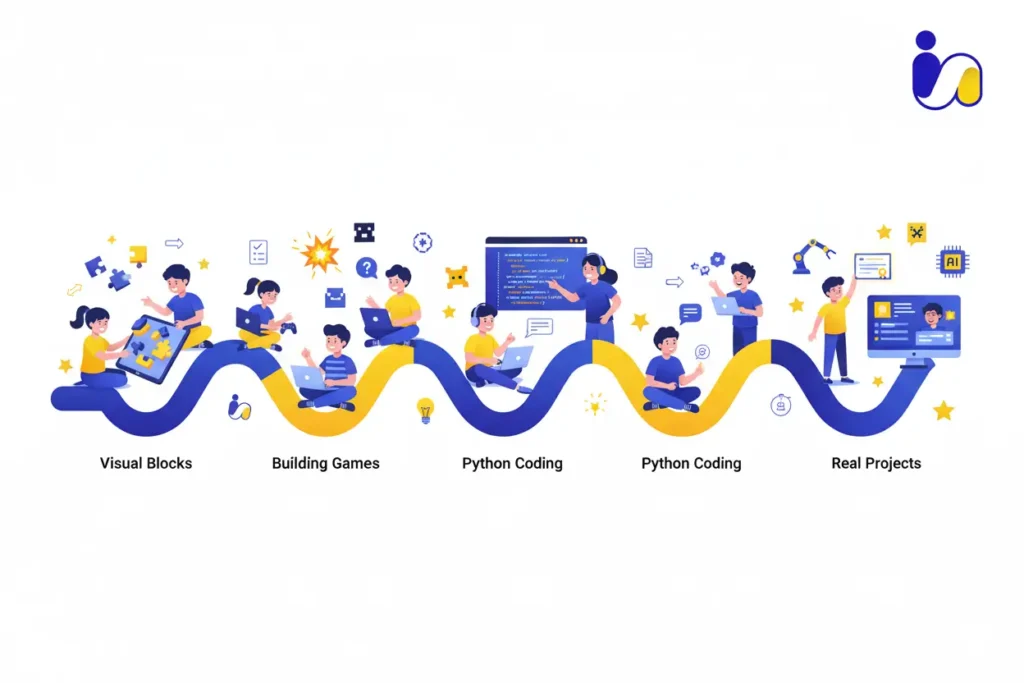 A child participates in an interactive programming lesson with a qualified online teacher in a structured learning environment.