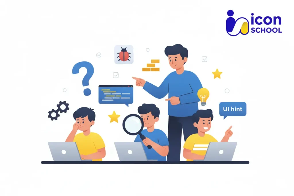 A young student looks intently at the computer screen while solving a software problem.