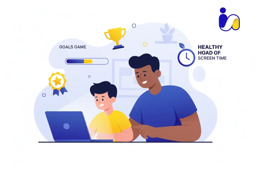 عائلة تتعاون في مشروع برمجي على طاولة المنزل مع توجيه إيجابي من الوالدين وتفاعل بين الأطفال