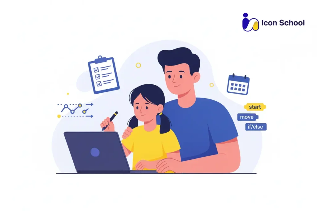 A parent and child plan together to begin a structured journey of learning programming.