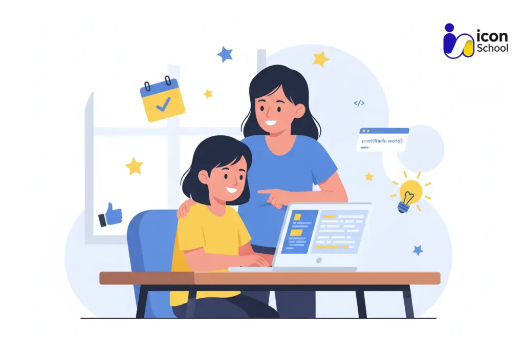 ولي أمر يدعم طفله أثناء تعلم البرمجة في بيئة منزلية محفزة ومريحة