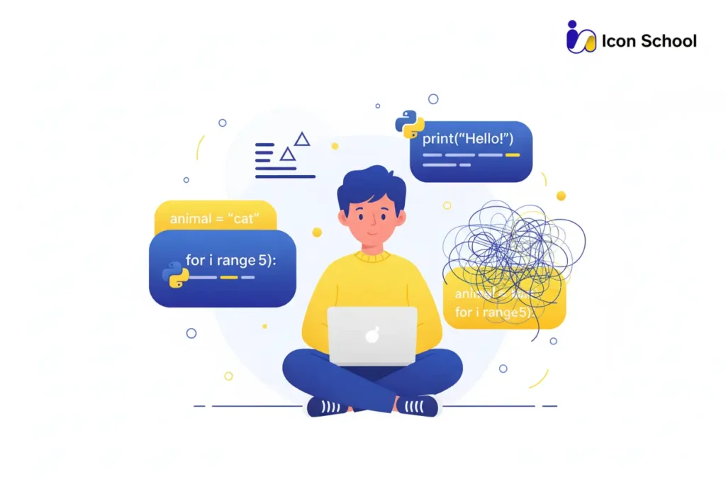 أطفال سعداء يتعلمون البرمجة بلغة بايثون في بيئة تعليمية حديثة ومشرقة