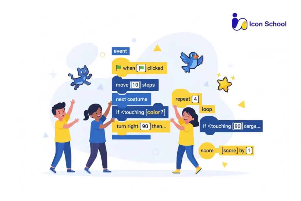 تعلم مفاهيم البرمجة الأساسية مثل التكرار والشروط عبر الكتل الملونة في سكراتش، مع استخدام أدوات مساعدة مرئية توضح كيفية عمل الأوامر البرمجية