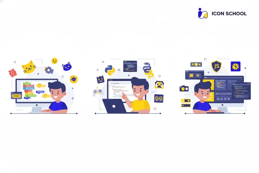 شاشة كمبيوتر تعرض واجهة سكراتش البصرية وكود بايثون للمقارنة