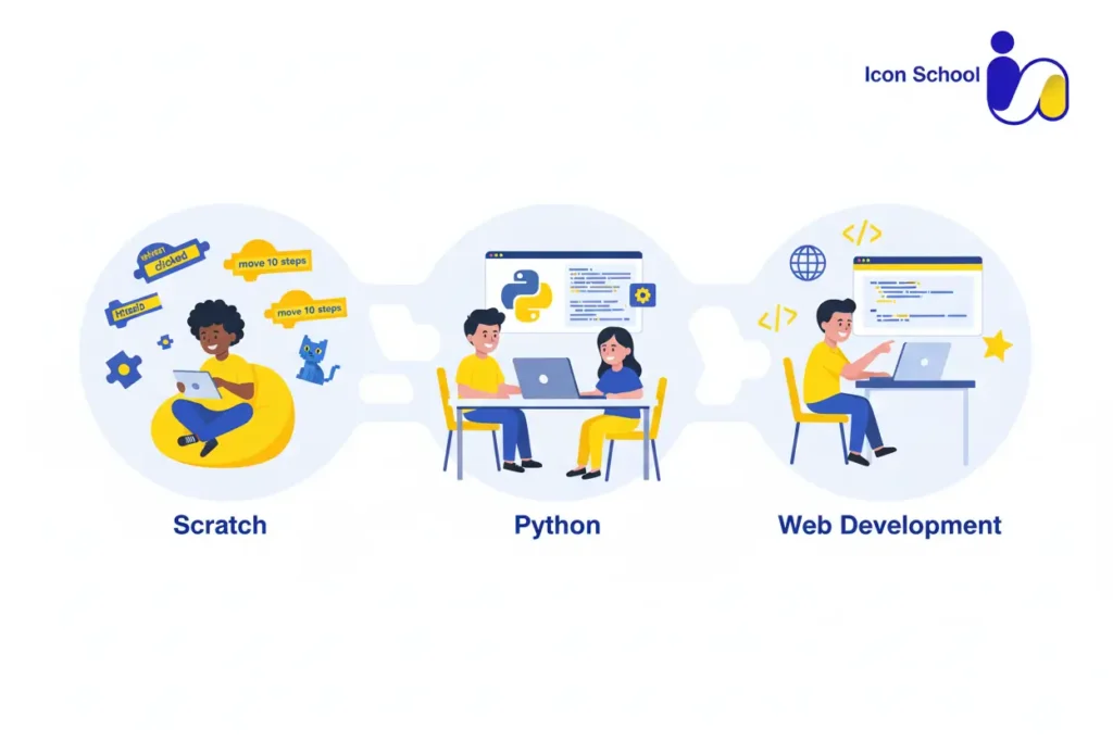 شاشة كمبيوتر تعرض لغات البرمجة المناسبة للأطفال مثل Scratch وPython في بيئة تعليمية منظمة