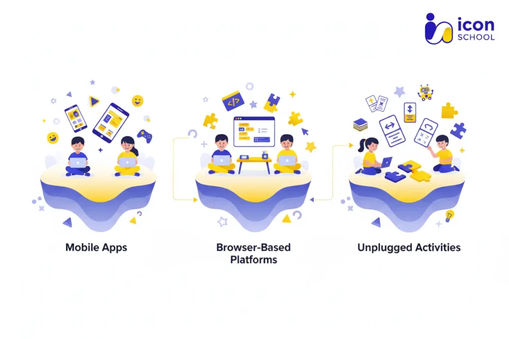 A diverse range of educational devices and games for learning programming includes tablets, smartphones, flashcards, and non-digital games.