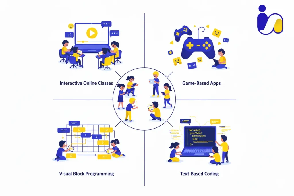 Multiple electronic devices displaying various types of programming tutorials for children on a clean desk