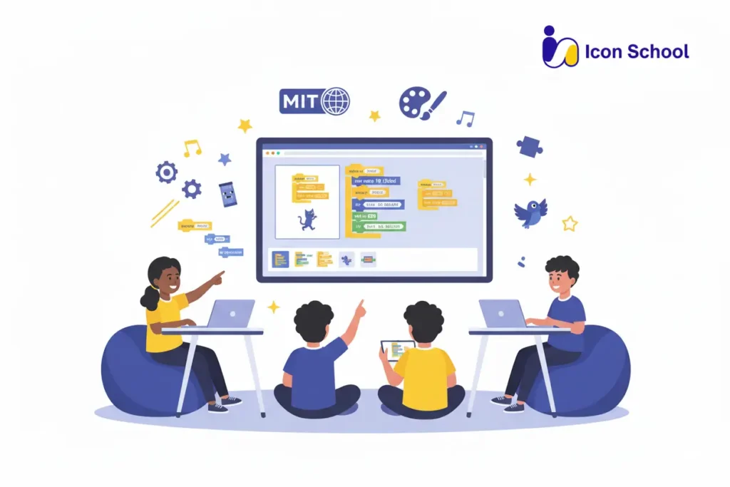 An Arab school-aged child explores the Scratch educational program interface on a tablet, showcasing colorful programming blocks that help children learn visual programming without writing complex code.