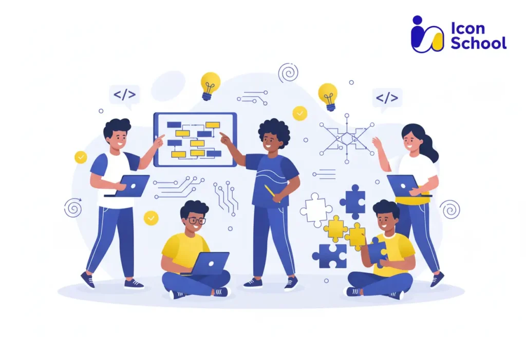 أطفال متحمسون يتعلمون البرمجة في بيئة تعليمية حديثة ومشرقة