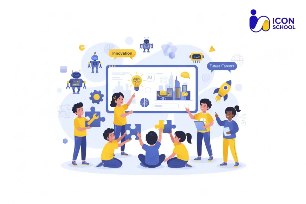 Children learn robot programming in a modern and stimulating learning environment.